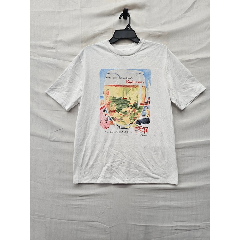 Budweiser Mens King of Beers Graphic T-Shirt White Cotton Blend Size Small